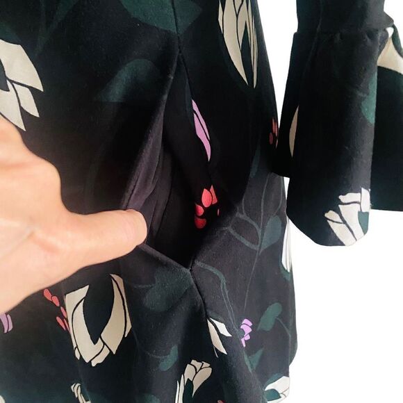 Kate Spade Long Bell Sleeve Floral Print Mini Dress Black Stretchy XXS Zip AG23 - Picture 11 of 13